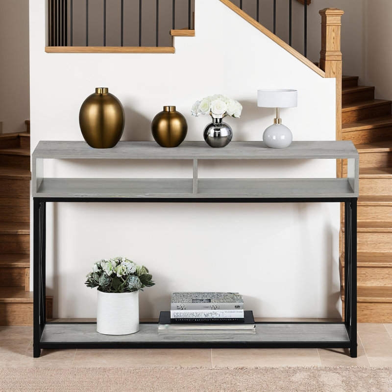 Console en métal à structure en X avec tablettes ouvertes, Gris