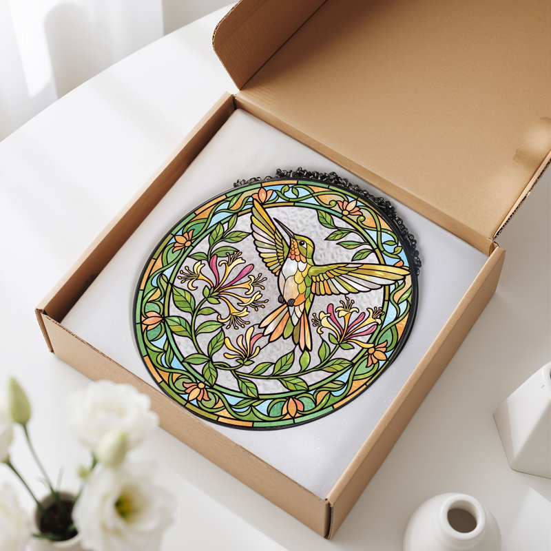 Vitrail de vitrail Hummingbird Floral - 7,8 H, H 7,8 po