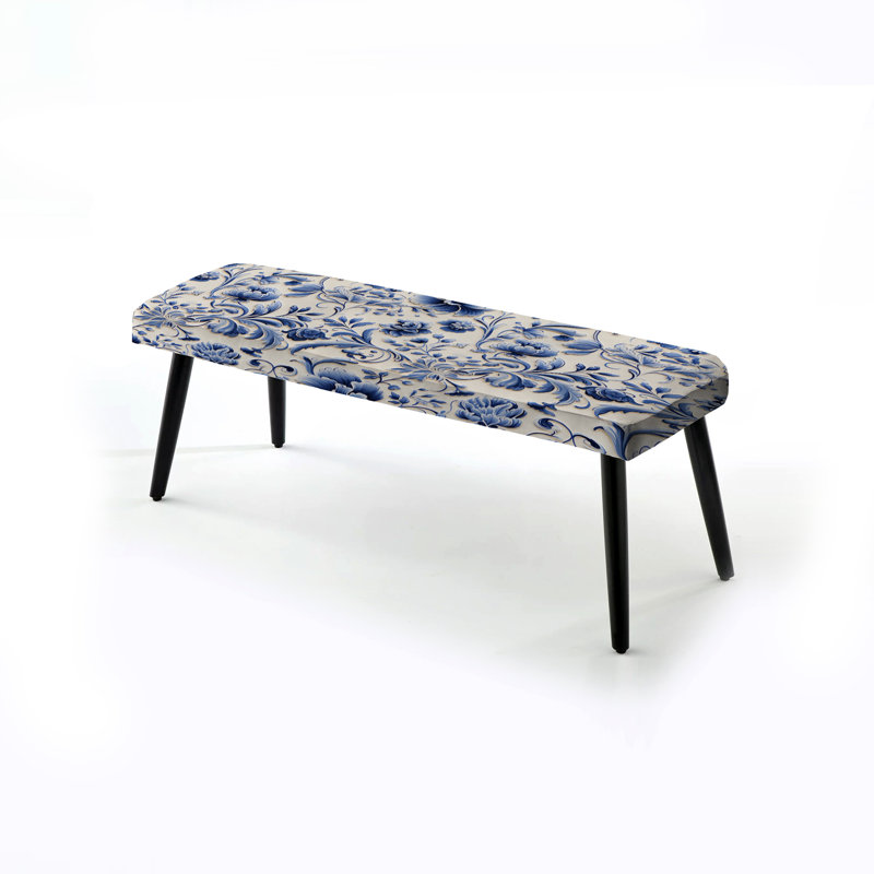 Blue Renaissance Flourish Victorian Pattern - Floral Upholstered Black Bench