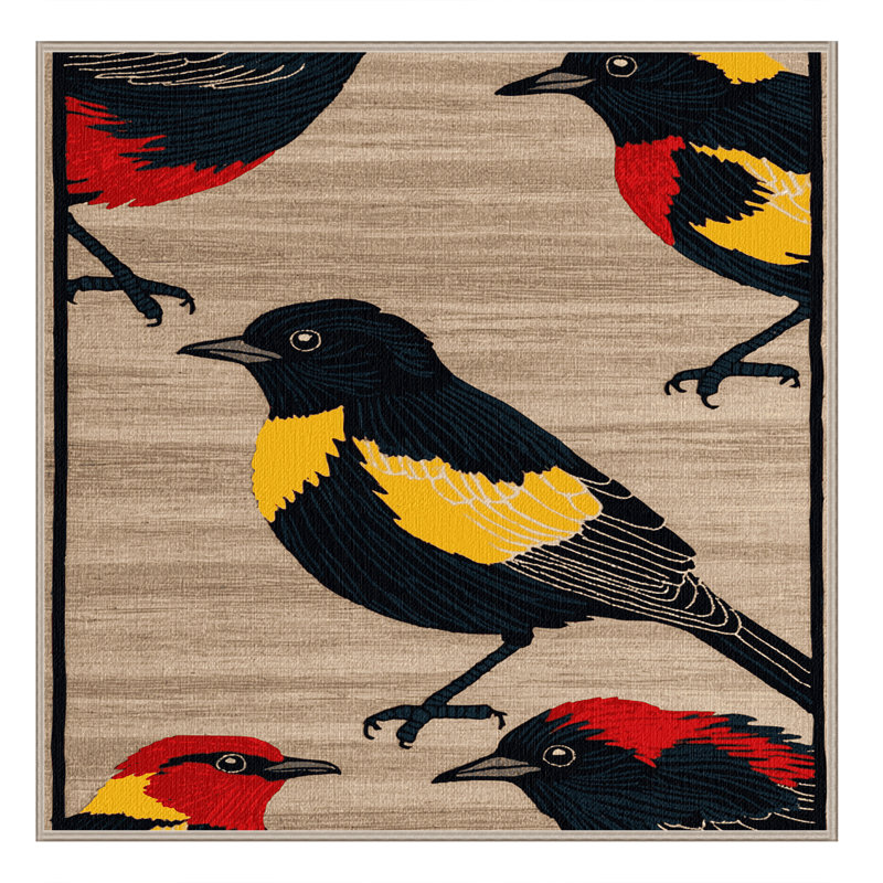 Washable Red winged Blackbird Birds Area Rug, Square 8'