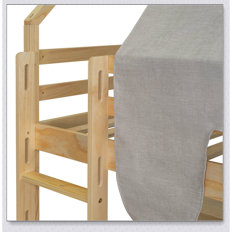 Wooden Loft Bed House-Shaped Frame With A Tent, Natural/Beige