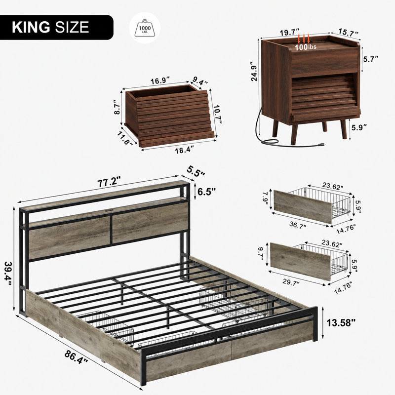 Ensemble de chambre à coucher 3 pièces, lit plateforme avec 4 tiroirs de rangement et charge USB, 2 tables de chevet avec lumières DEL