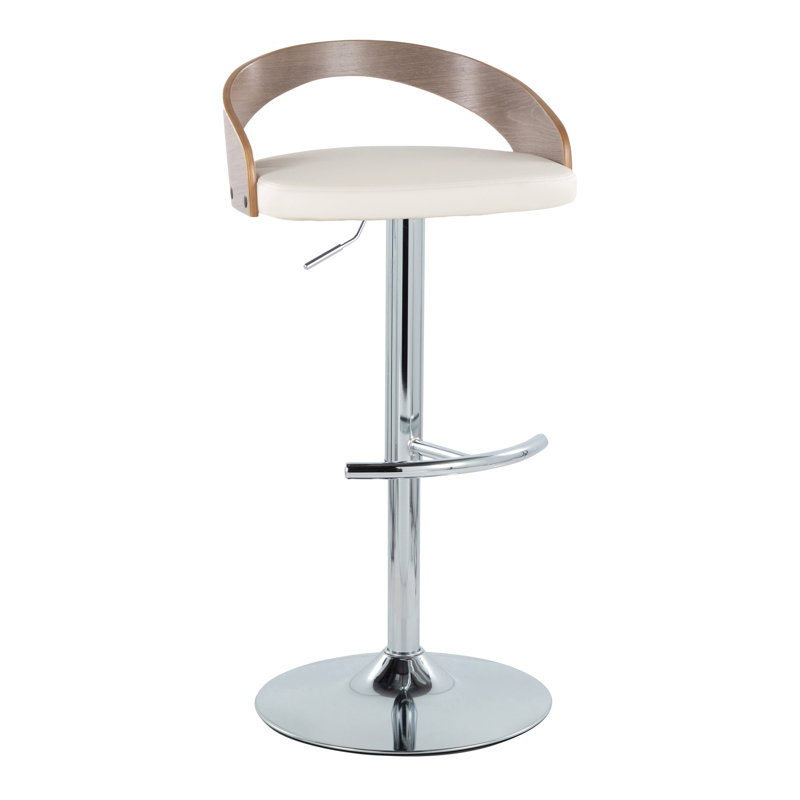 Tabouret de bar réglable Laurenzio avec repose-pieds arrondi en T, Chrome, Similicuir blanc / bois gris clair