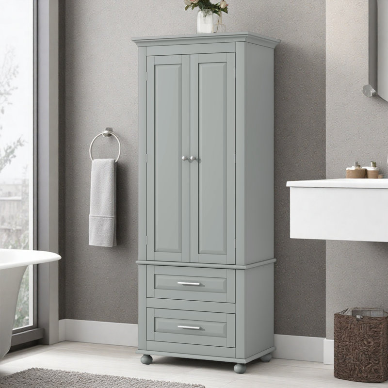 2-Drawer Freestanding Linen Cabinet With Adjustable Shelves, Gray