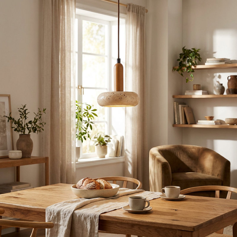 Travertine & Wood LED Mini Pendant Light