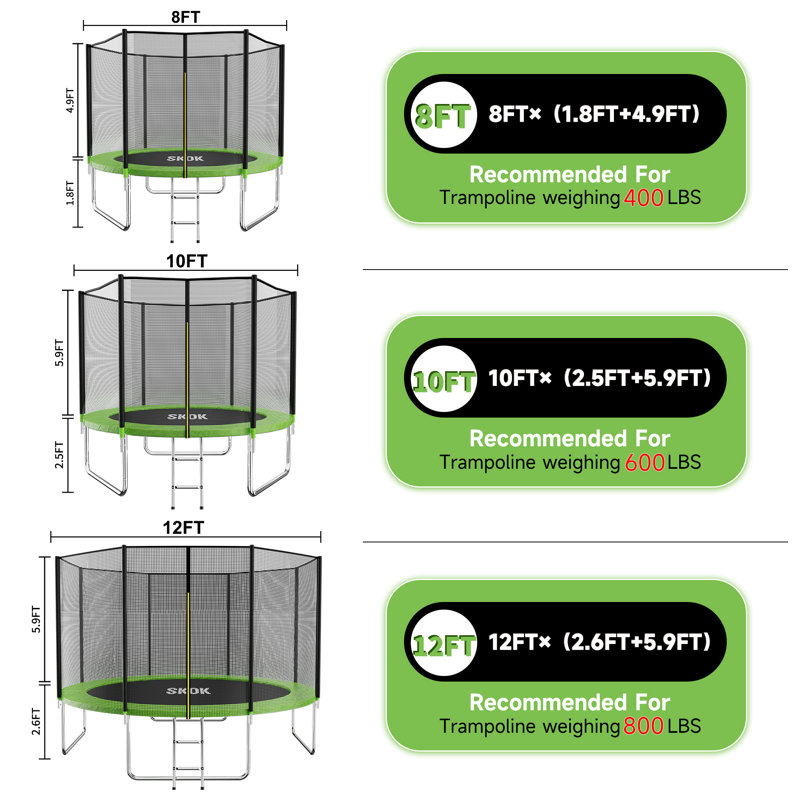 Trampoline SKOK 8FT pour adultes et enfants, capacité de 400 lb, trampoline récréatif robuste avec enceinte, échelle, Vert
