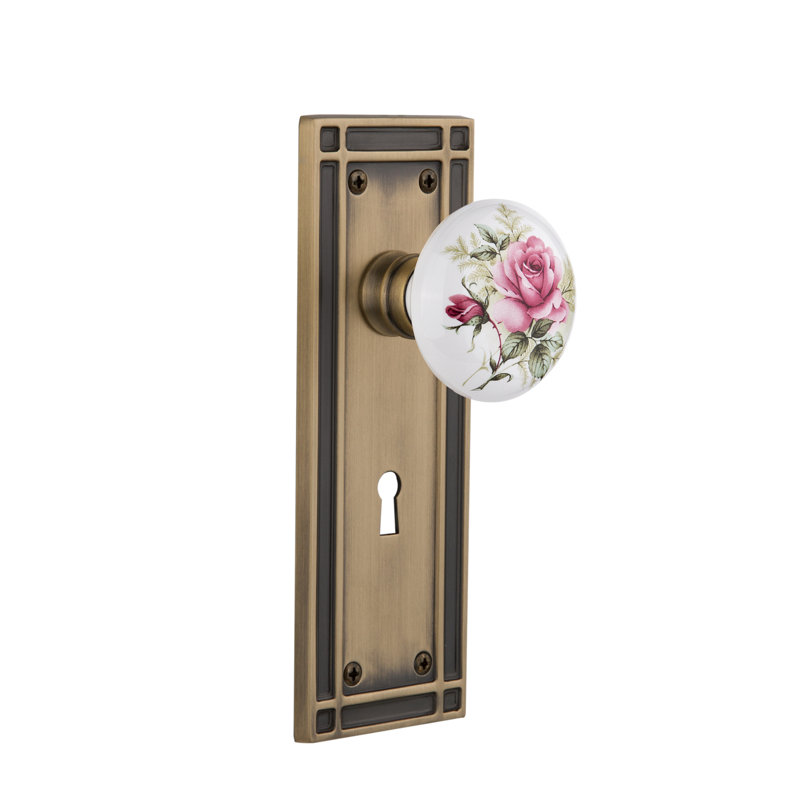 Mission Plate with Decorative Keyhole and White Rose Porcelain Door Knob, Antique Brass