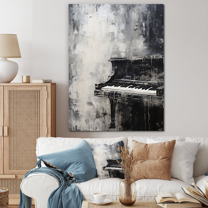 Minimalisme, piano, minuit, noir et blanc I - musique sur toile, piano, H 32 po x l 16 po x P 1 po, Toile tendue
