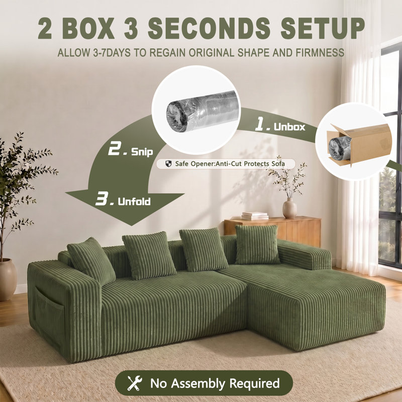 Modern Oversized 262cm Boneless Corner Sofa L-Shaped Corduroy Sofa With Storage Pockets, Right Hand Facing, Green