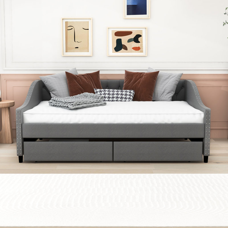 Full Size Upholstered Daybed with Two Drawers, Gray