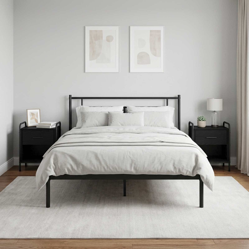 40 cm W Galvanised Steel Bedside Table, Black Oak