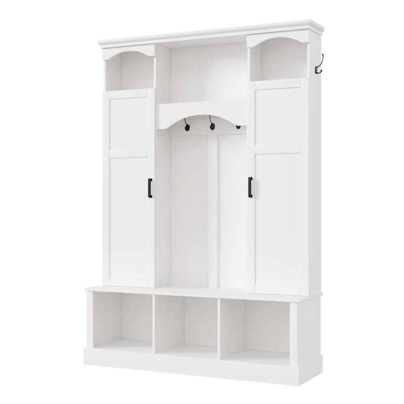 Modern All-in-One Hall Tree with Adjustable Shelves, Dual Side Cabinets, 7 Hooks, and Open Compartments for Entryway Organization.