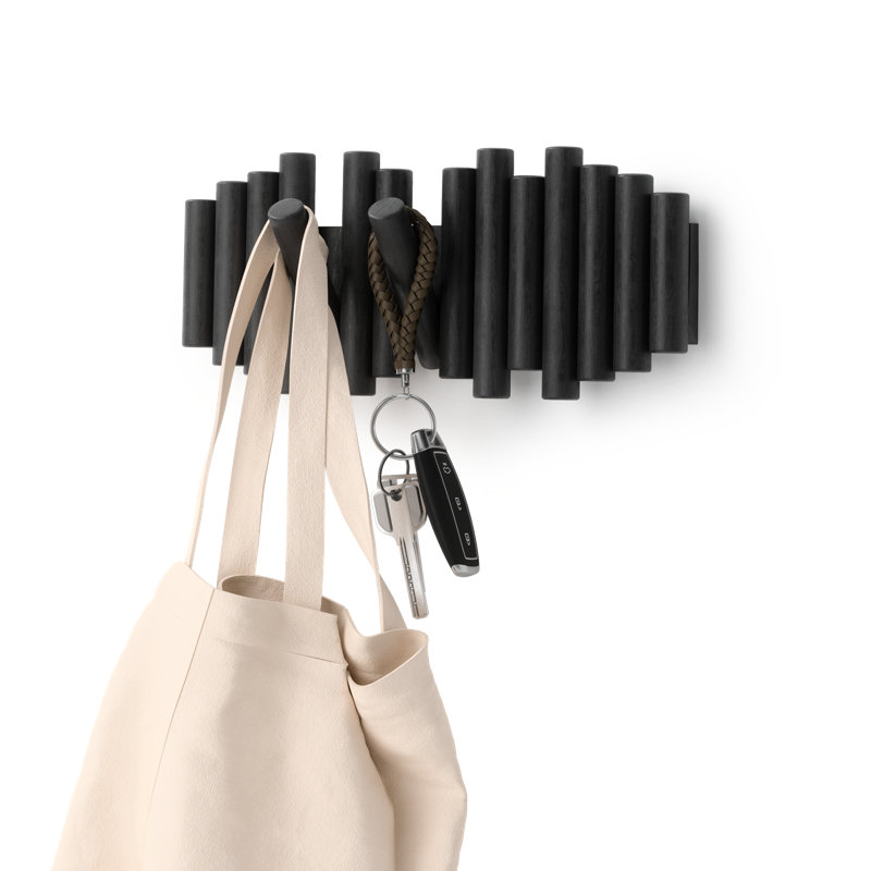 Black Pine Wood Wall-Mounted Coat Rack with 5 Hooks