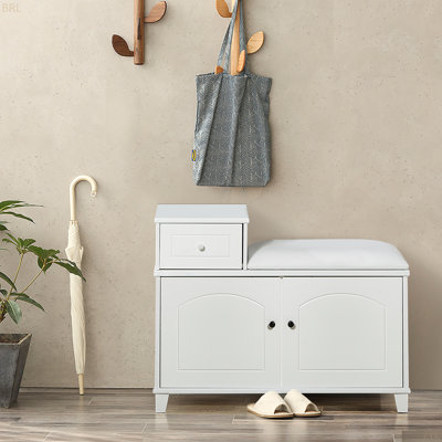 Banc de rangement pour chaussures avec coussin en polyuréthane ignifuge, portes doubles et tiroir en bois pour porte d'entrée