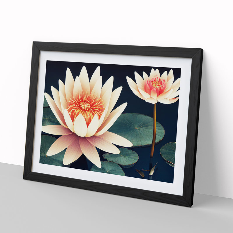 Mystical Water Lily Flowers - Single Picture Frame Print, 46cm H x 64cm W, Black 