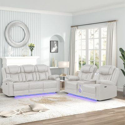 Modern Contemporary LED Power Recliner Loveseat with console, storage, stainless cup holder, Bluetooth speaker in Beige