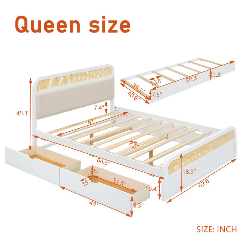 Queen size wooden platform bed with matching headboard, footboard, storage drawers and tray beds, White