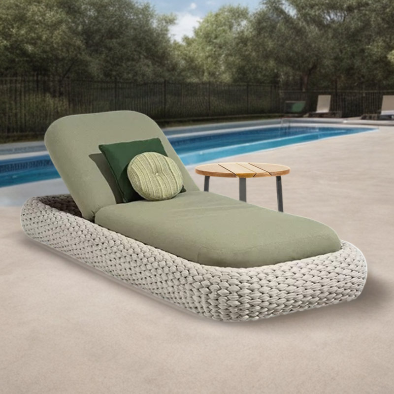 Outdoor Lounger With Aluminum Frame Handwoven Outdoor Chaise Lounge Set with Table , Cushion Included, Beige, Green