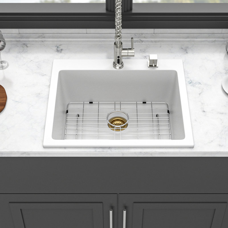 White Drop - In Quartz Kitchen Sink 25X22", Smooth And Hard Quartz, Eliminates Noise Dirt Buildup, Includes Strainers Assembly Vibration Noise, Non Porous Surface, Comes With Multiple Accessories For