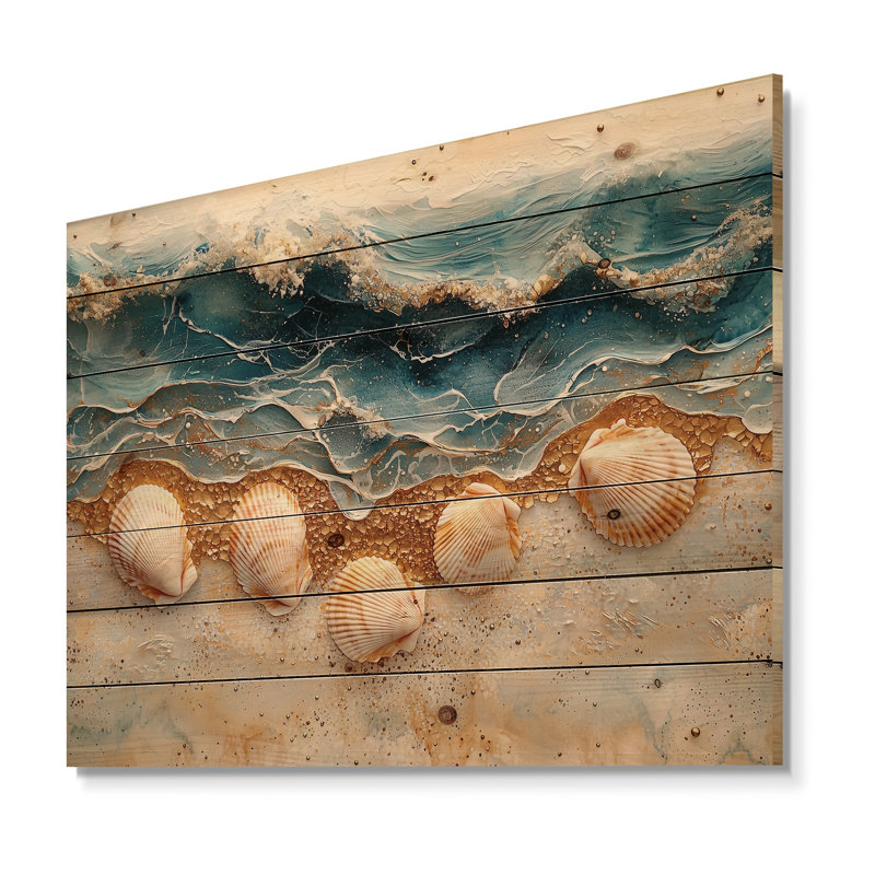 Coquillage et paysage de plage marbré III - Décoration murale en bois côtier - sur bois de pin naturel