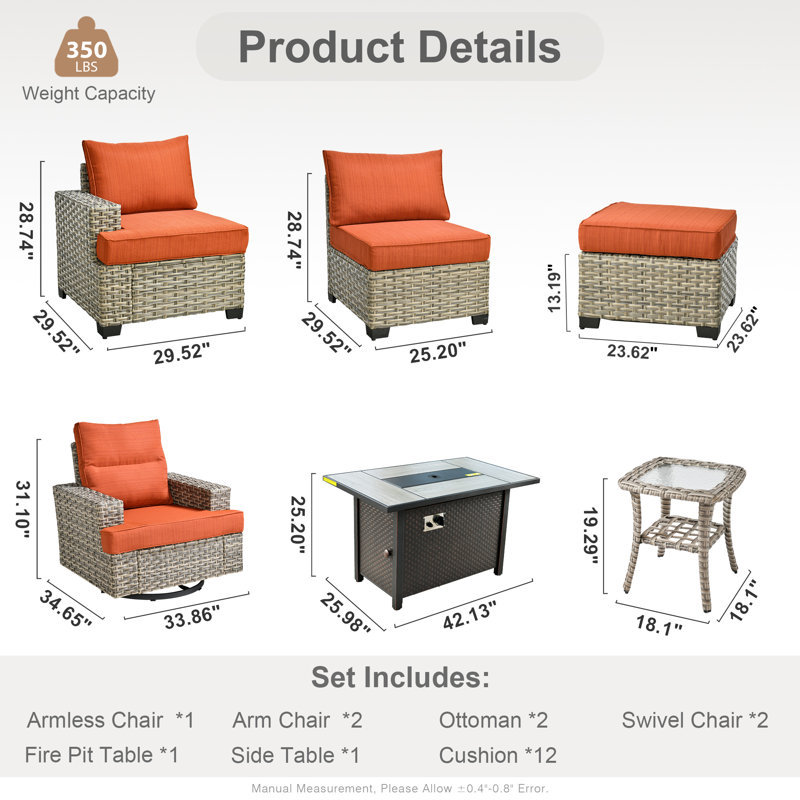 Ensemble de conversation d'extérieur en rotin pour 7 personnes avec chaises berçantes pivotantes et table de foyer