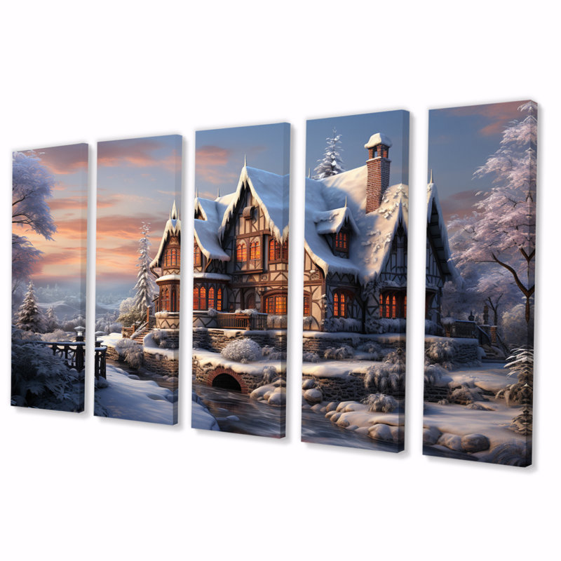 «Winter Snowy Cottage III», impression d'art mural de paysages - 5 panneaux égaux