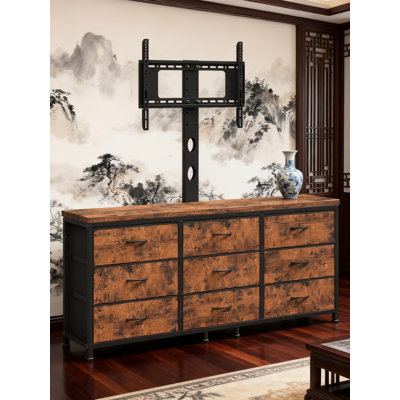 Height-Adjustable TV Stand With Integrated Mount For 32-85 Inch Tvs, 9-Drawer Media Console With Fabric Storage, Rustic Brown Entertainment Center
