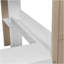 Lit mezzanine double en bois pleine grandeur avec tablettes de rangement intégrées, portemanteaux et bureau, blanc + naturel