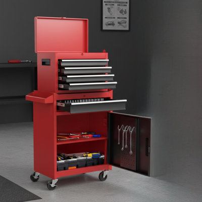 Rolling Tool Storage Cabinet, 5-Drawer Configuration With Removable Top Compartment, Protective Liners, Lockable Swivel Casters, Adjustable Shelf, And Central Locking System; Metal Construction Suitable For Garage Workshop