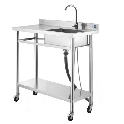 Stainless Steel Utility Sink, Rolling Single Bowl Commercial Kitchen Sink With Wheels, Faucet And Hot & Cold Water Pipe, Utility Basin Workbench For Garage Restaurant Laundry 39.4 X 19.7 X 41.5 In