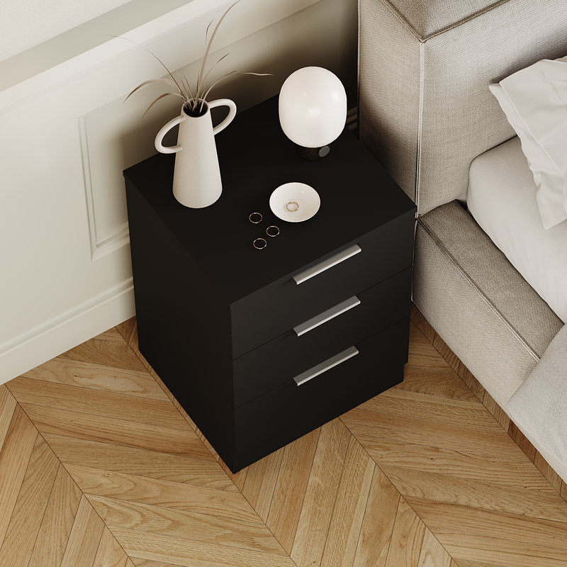 Tanishi 3 Drawer Bedside Chest Modern Bedroom Nightstand, Black