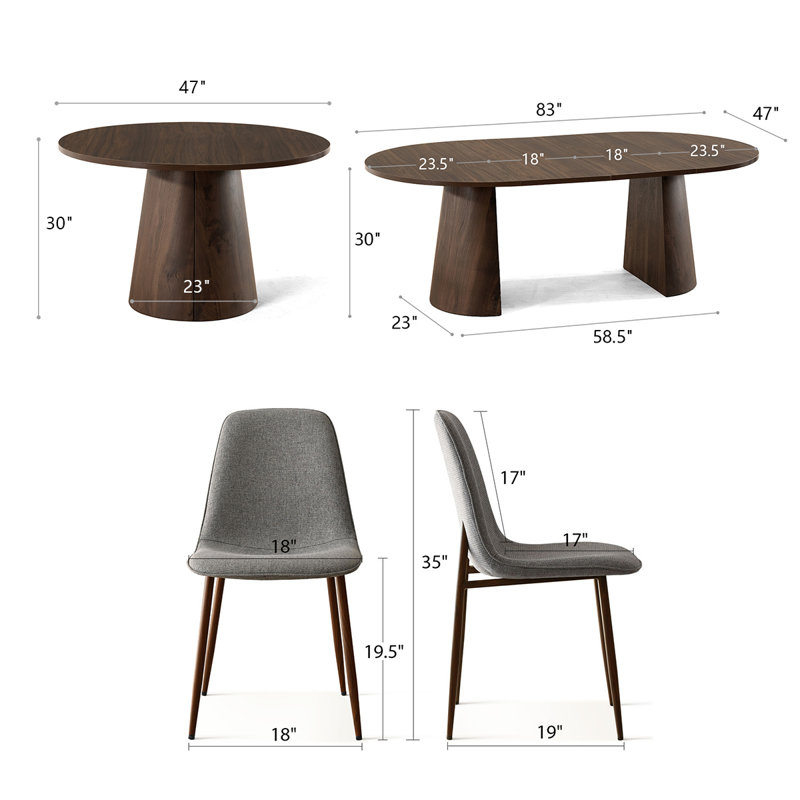 Ensemble de salle à manger à piédestal moderne avec chaises rembourrées de 47 à 83 po Modern, Gris