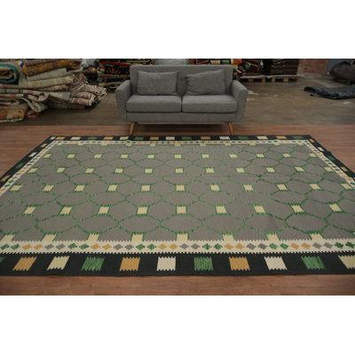 Elegant Gray Geometric Wool Kilim Area Rug 8x11