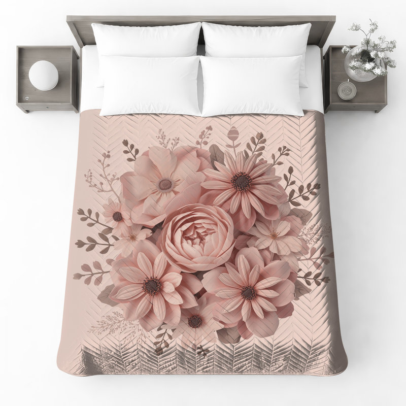 Couvre-lit matelassé à motif floral rose, Double
