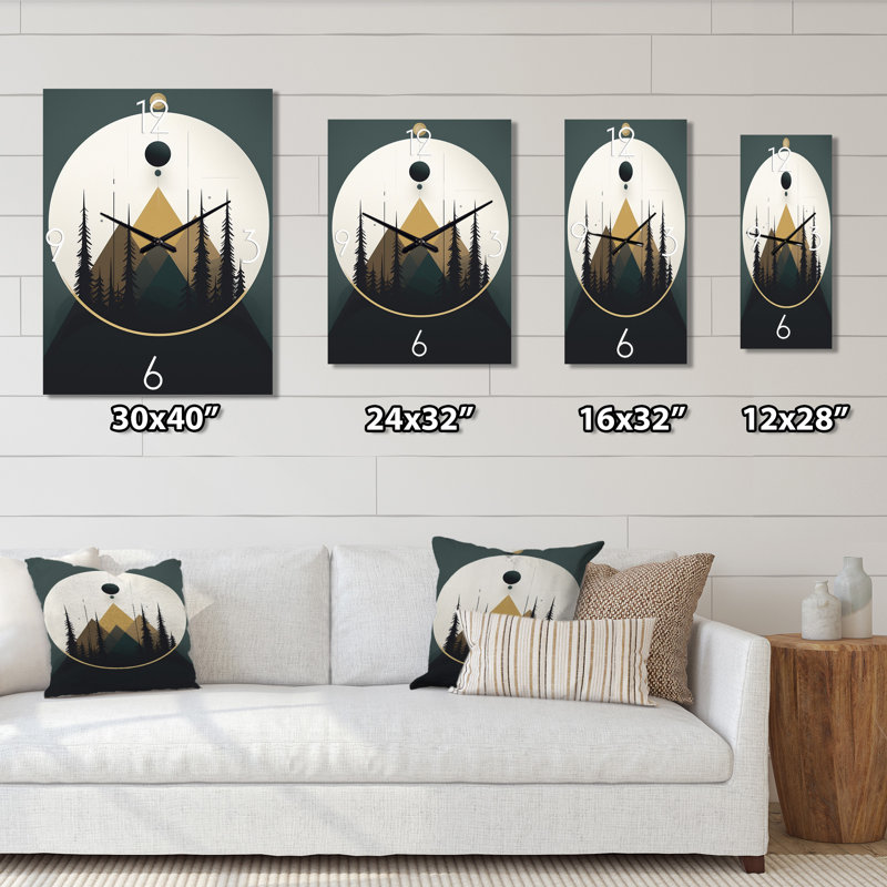 Horloge murale paysage abstrait sur fond de pleine lune minimaliste en vert et bleu, H 32 po x l 24 po x P 1 po