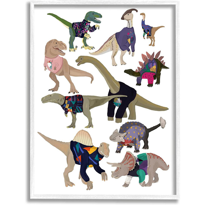 Quirky Sweater Trend Dinosaurs Vintage Style Fashi Print, 24" W x 30" H, Coastal White Framed Giclee