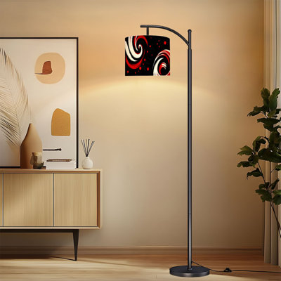 Lampe sur pied à arc avec abat-jour réglable rouge blanc abstrait tourbillon noir sur pied 3 températures de couleur à haut gradateur avec interrupteur au pied pour la chambre à coucher