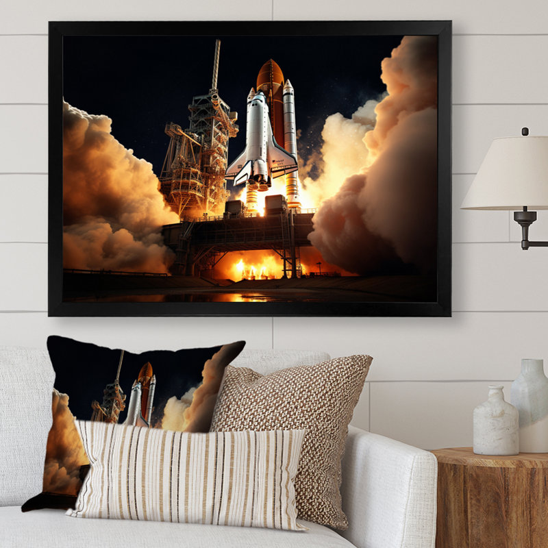 Space Shuttle Captivating Night Launch II - Space Shuttle Canvas Art Print, H 24 po x l 32 po x P 1 po, Cadre simple noir