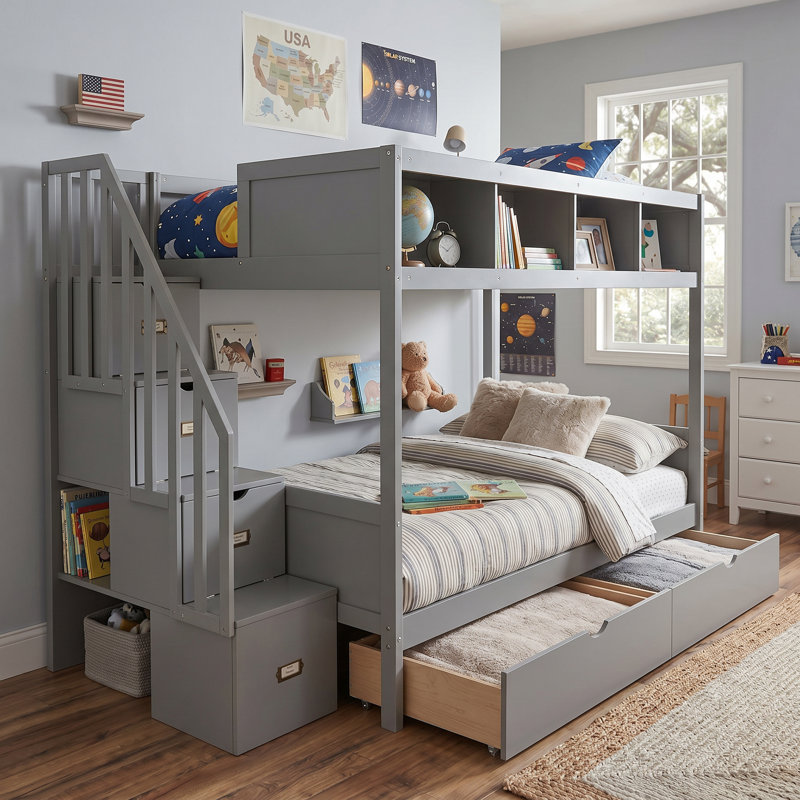 Twin Over Full Bunk Bed In Gray With Shelfs | Storage Staircase And 2 Drawers|Full Safety Design & Solid Pine Construction|Solid 4-Step Storage Staircase