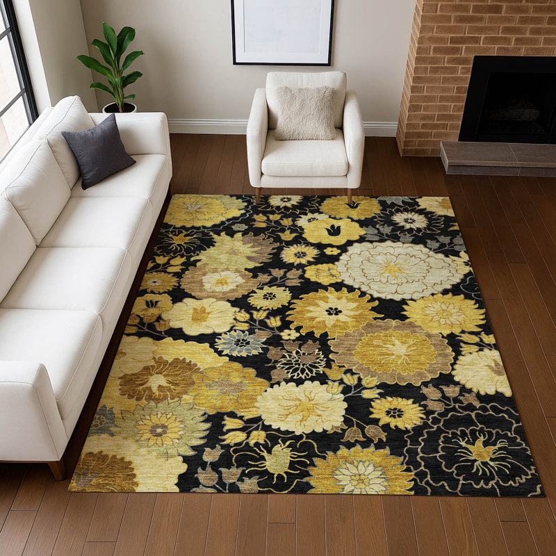 Tapis floral lavable à la machine de qualité supérieure Mayfield AMF2294, Noir, 10 pi x 14 pi