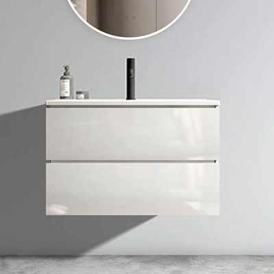 Meuble-lavabo mural en noyer avec lavabo en céramique à un trou, grand meuble-lavabo flottant de rangement pour salle de bain moderne, lavabo une pièce sans drain, pré-assemblé