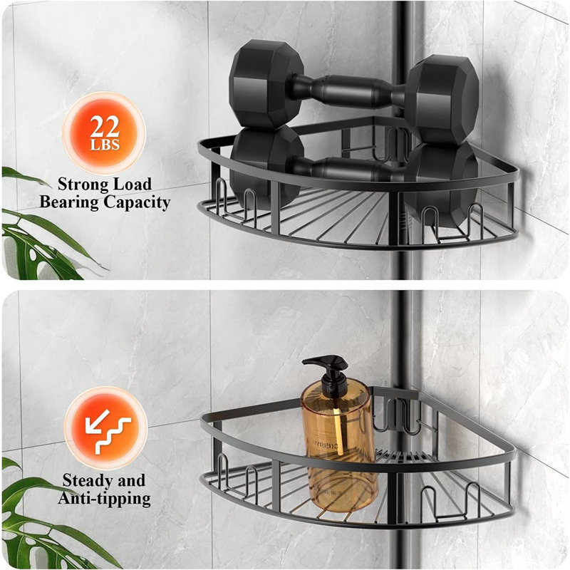 4-Tier Corner Shower Caddy With Tension Pole - Black - Rustproof Adjustable Height Shower Organizer With Hooks, Freestanding Bathroom Shelves
