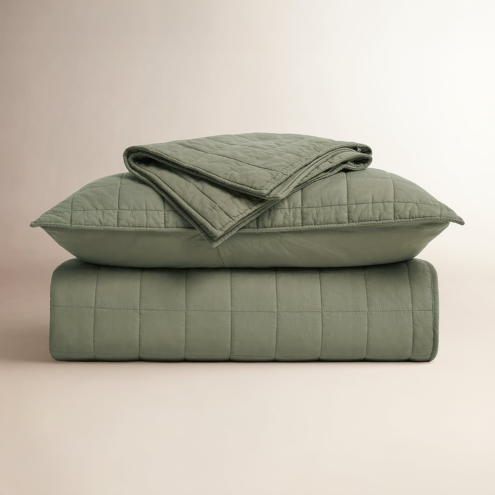 100% Cotton Box Stitch Quilt Set, King Quilt + 2 King Shams, Olive Green