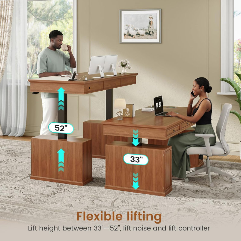 Bureau de direction électrique 55,1 po à 3 tiroirs avec armoire de rangement, Brun
