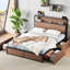 Structure de grand lit, bois franc d'ingénierie brun, structure en acier renforcé, tiroirs de rangement, douille dans la tête de lit, taille de chambre à coucher avec grand motif surélevé, quatre tiroirs et chic idéal pour