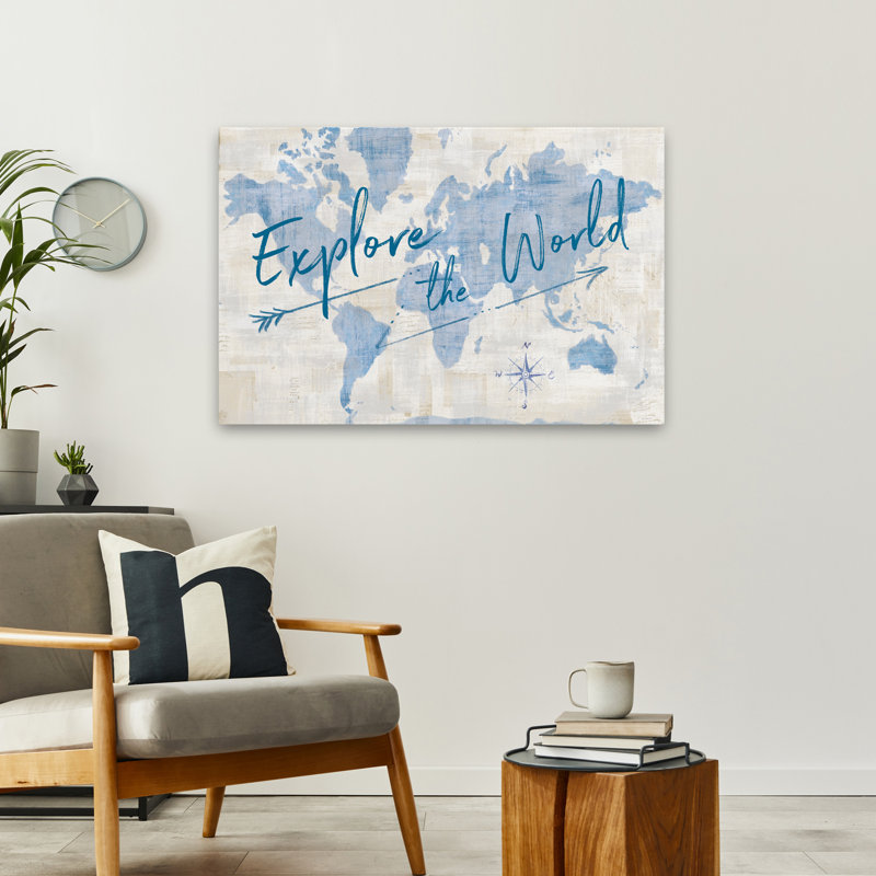 «World Map Collage Explore» contemporain bleu blanc beige Compas, H 36 po x l 24 po