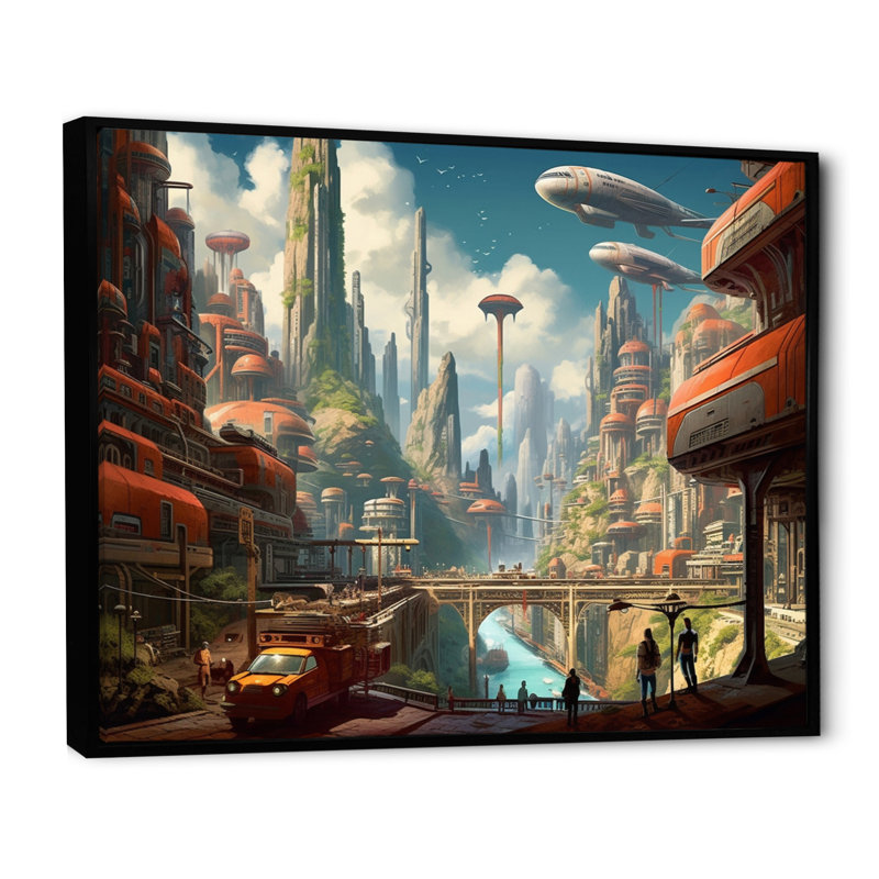 Art mural Sci Fi Odyssey City I - Sifi, H 30 po x l 40 po, Cadre flottant noir