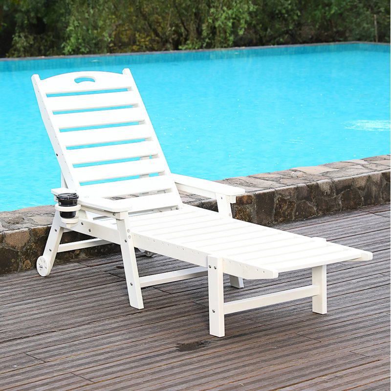 Outdoor Chaise Lounge Chair, Pool Lounge Chairs With 4-Position Adjustable Backrest, White