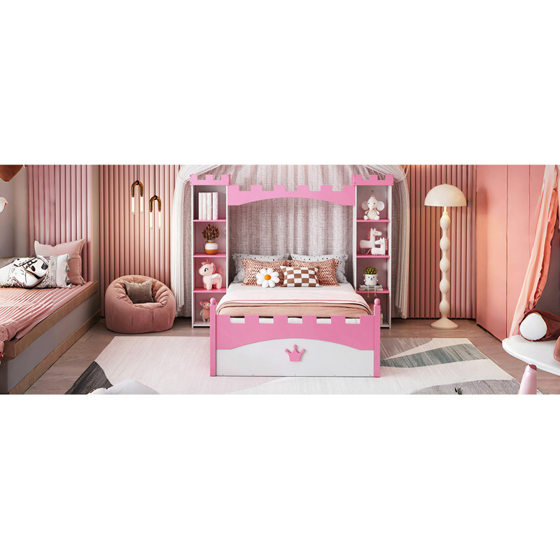 Lit en bois en forme de château avec tablette de rangement, lit plateforme Dreamy, Blanc / Rose