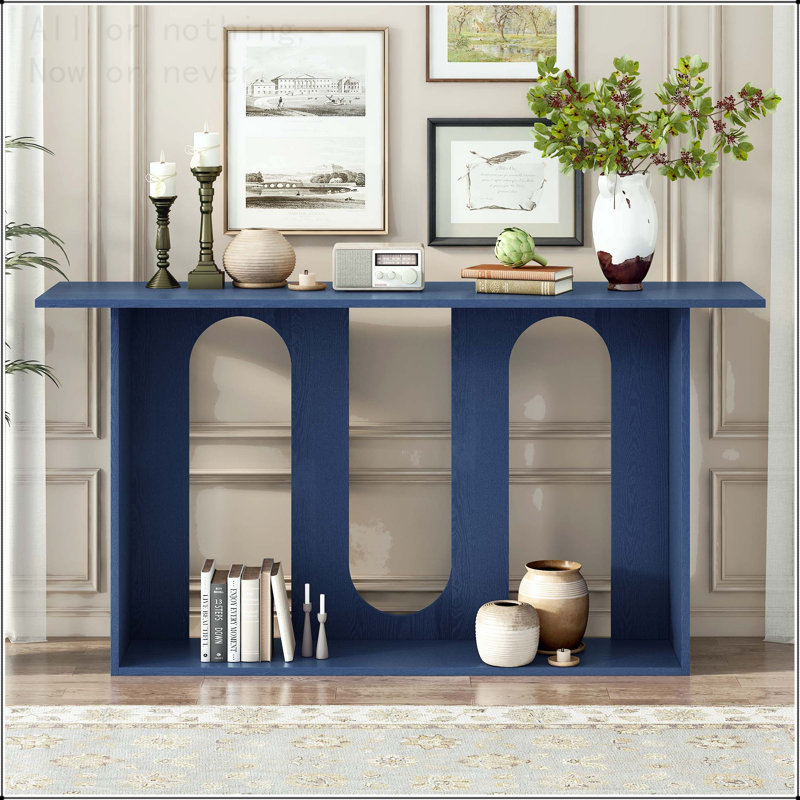 Curved Ash Veneer Console Table with Lower Shelf, Navy Blue